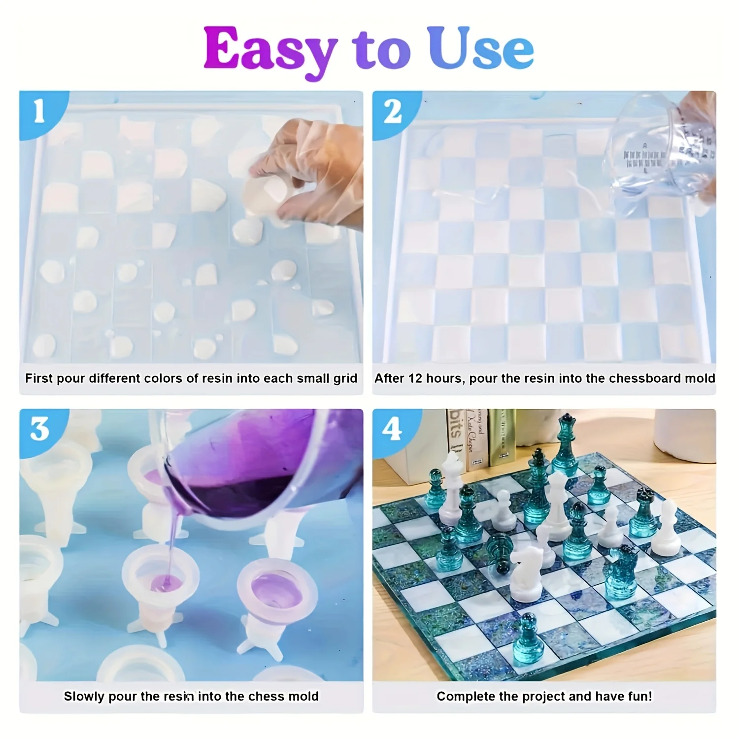 23-Piece Chess Set (Chess Silicone Mold + 5-Color Paint + Gold Foil Filler) - DIY Kit for Making Game Boards, Includes Full-Sized 3D Parts and Resin Casting Molds, Creative Gifts, Furniture Display, DIY Beginner Kit, Easy to Use