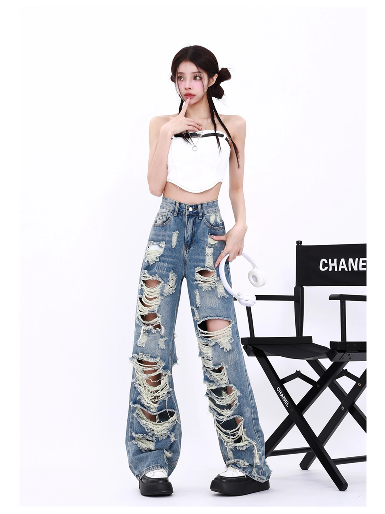 

Women Blue Y2k Baggy Ripped Jeans Harajuku Vintage Grunge Denim Trousers Japanese 2000s Style Jeans Pants Oversize Clothes 2025