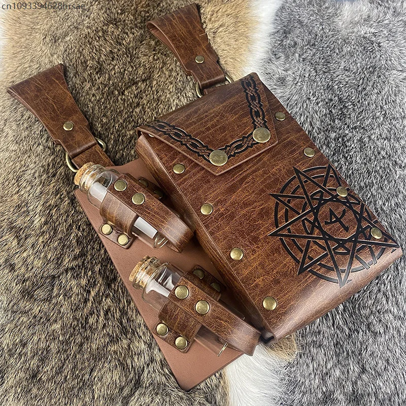 

Medieval Alchemy Belt Bag Faux Leather Retro Magician Pouch Renaissance Wizard Waist Bag With 2 Cork Bottles Halloween Cosplay