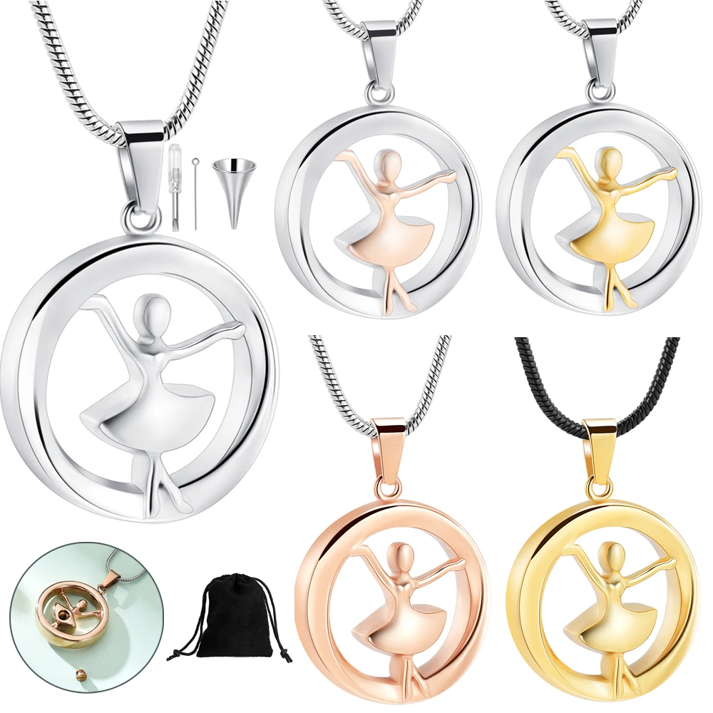 Circle Urn Necklace Memorial With Dancing Girl Stainless Steel Cremation Pendant For Human Ashes Women Girls Keepsake Jewelry