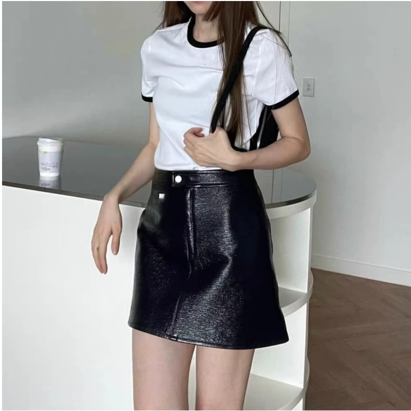 25 anos nova moda luxo francês nicho couro PU preto cintura alta sexy hip abraçando saia