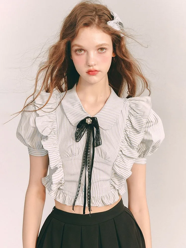 

ADAgirl Kawaii Stripe Blouse Women Peter Pan Collar Bow Ruffled Shirts Preppy Style Sweet Girl Summer Slim Crop Tops Aesthetics