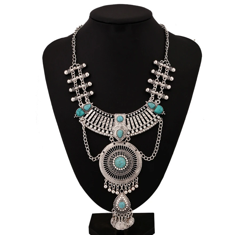 

Vintage Gypsy Bell Coins Statement Necklace for Women Blue Red Acrylic Drop Bead Pendant Necklaces Bohemian Afghan India Jewelry