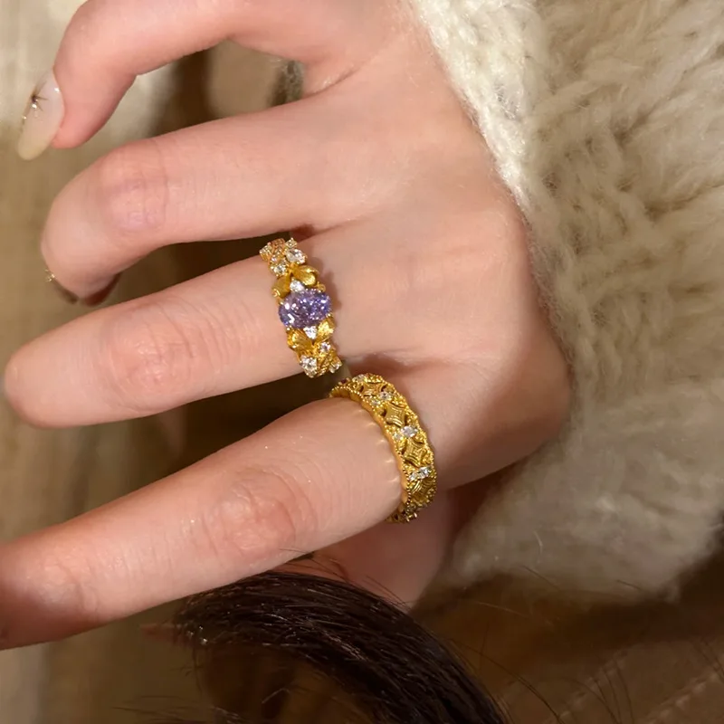 Dreamy Light Luxury Bauhinia Flower rings for women Retro Light Luxury Exquisite Elliptical Purple Gem Ring Wedding Jewelry