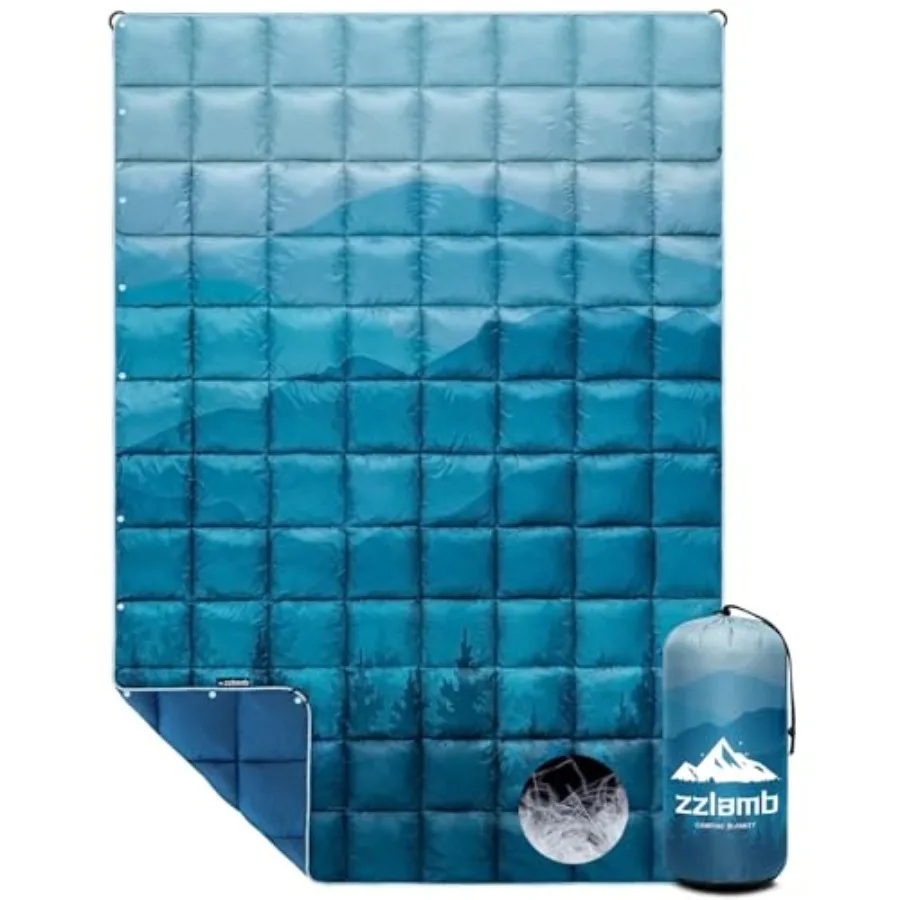 Puffy Down Camping Blanket Water-Repellent Down Throw Travel Blanket Portable for Outdoor Light Warm Quilt for Couch Plane Car