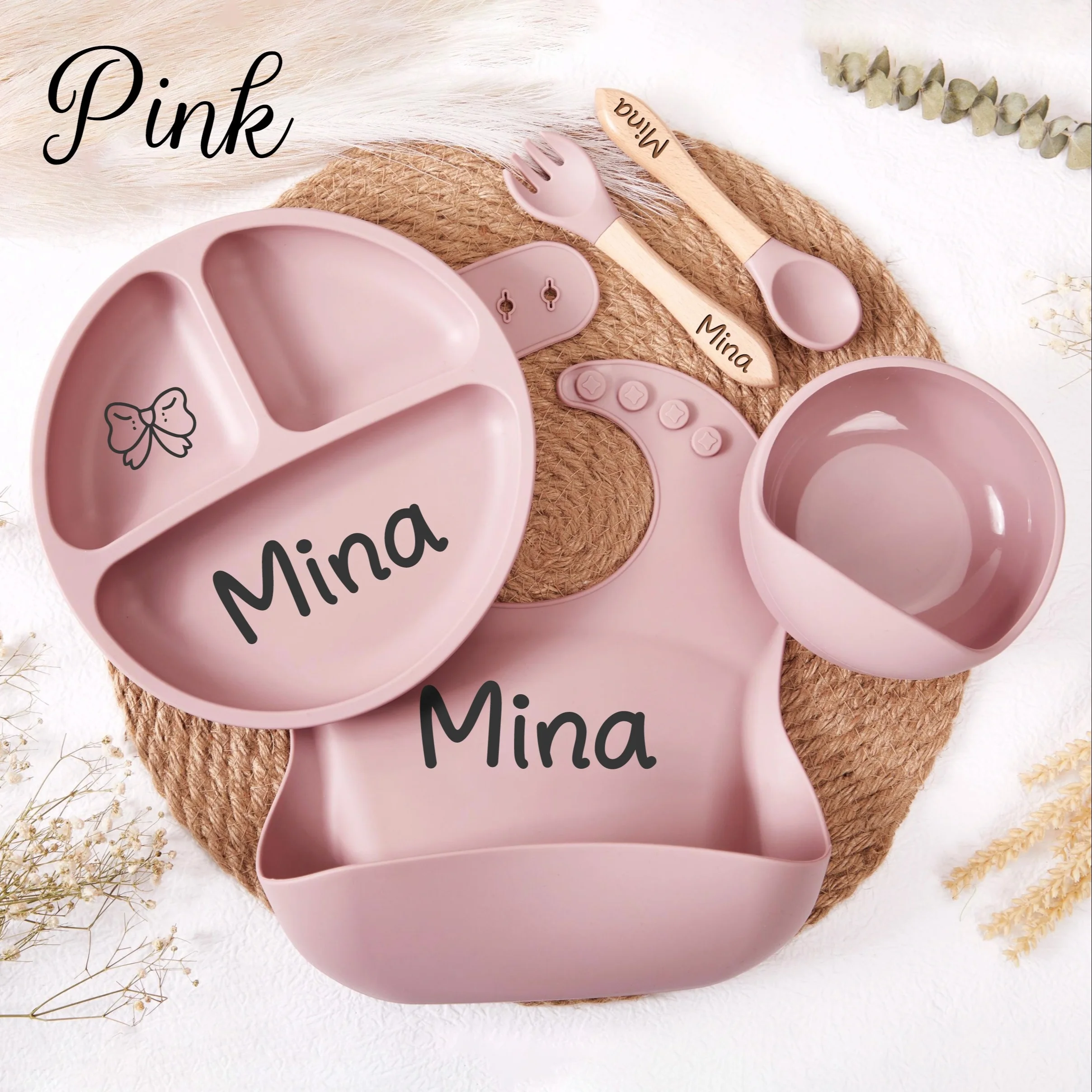 5pcs Personalized Custom Name&Symbol Silicone Weaning Set, Cartoon Weaning Set for Toddler Baby Kids, Feeding Set with Name, Bab
