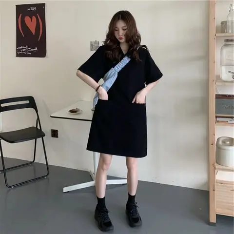 Short Sleeve Simplicity Polo Neck Basic Casual T Shirt Dress Women Clothing New Plus Size Korean Mini Dress Fashion Trend Summer