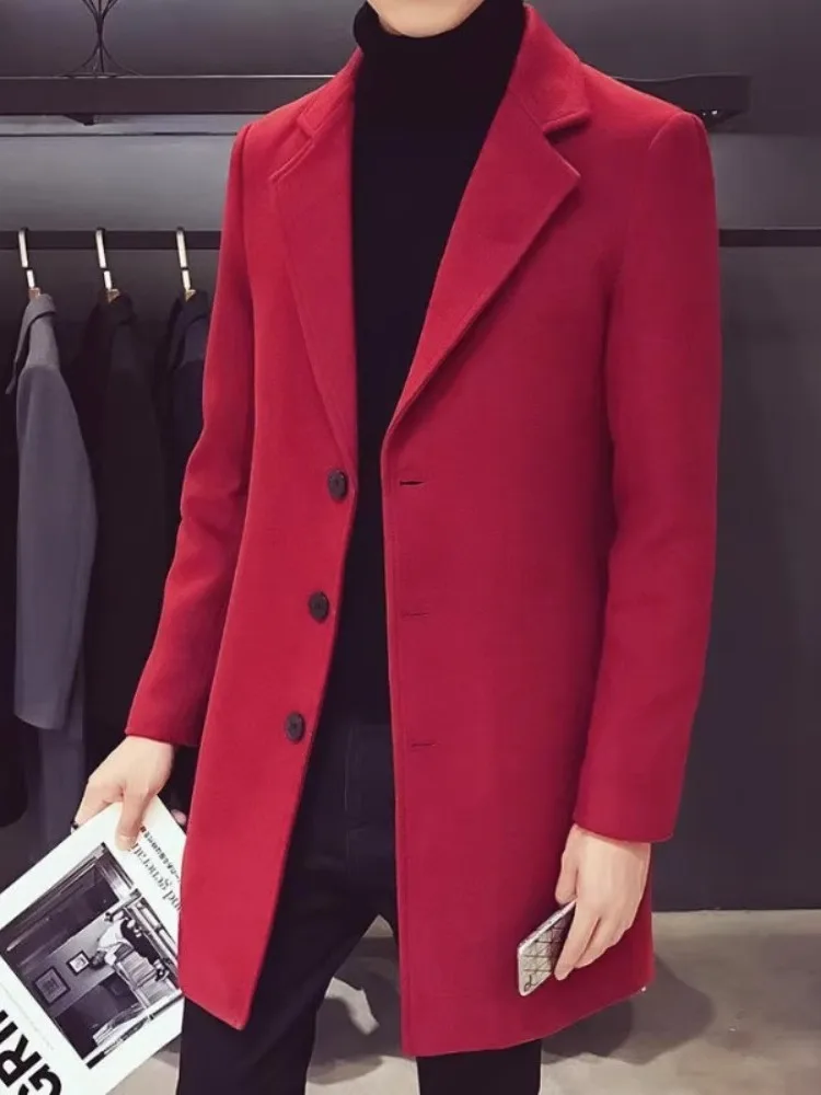 

Красное шерстяное пальто мужское средней длины, приталенное, зимнее, молодежное, модное, в корейском стиле, весенне-осеннее, мужская ветровка