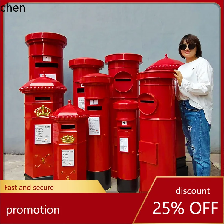 Ht iron art retro red mailbox hexagonal mailbox floor-standing decorative props ornaments movable soft furnishing storage bucket