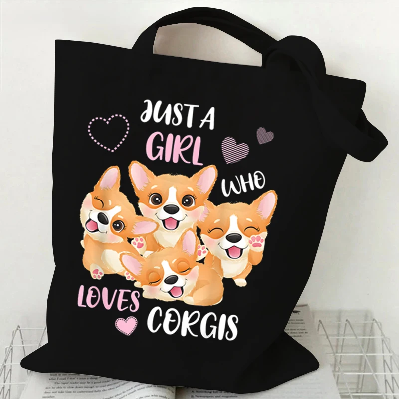 Just A Girl Who Loves Corgis Print Canvas Tote Bag Women Shopping Bag Teen Foldable Large Capacity Corgis Lover Shoulder Handbag