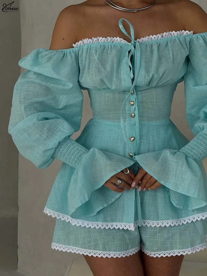 Oymimi ファッション ホワイトコットン 2 ピースセット女性の服装エレガントなストラップレス長袖レースアップボタンシャツとレースショーツセット