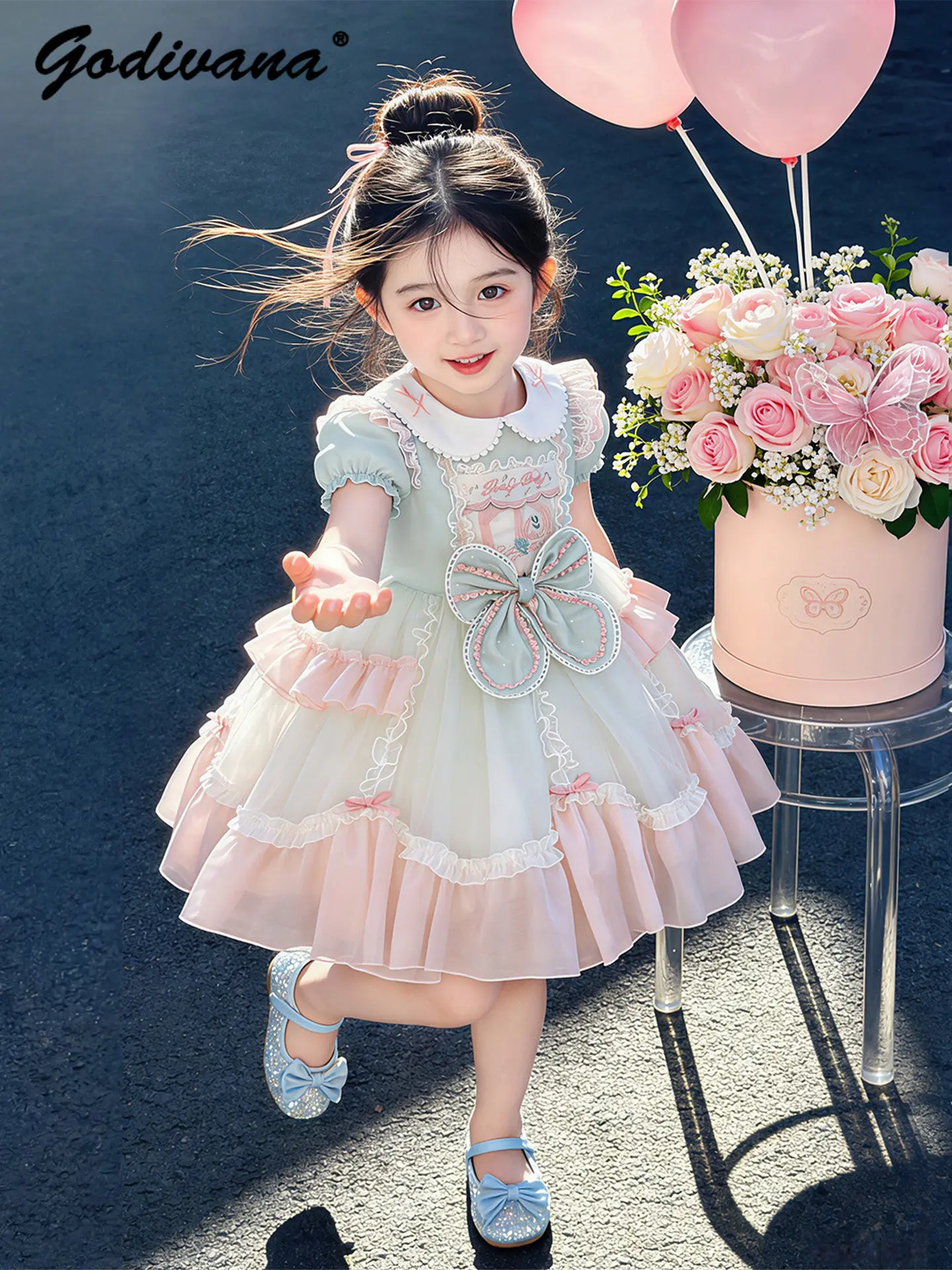 

Baby Girls Sweet Lolita Princess Dress New Summer 2026 Childrens Fashion Puff Sleeve Doll Collar Lace Trim Bow Casual Tutu Dress