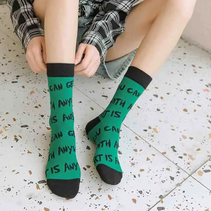 Spring and Autumn New INS Tide Green Stripe Socks Trend Grid Letters Men and Women Long Socks