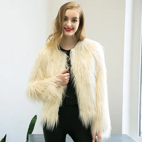 

Luxury Winter Women's Eco Fur Jacket Pure Color Round Neck Female's Artificial Fur Outwear Desigthly Short Faux Jacket For Lady