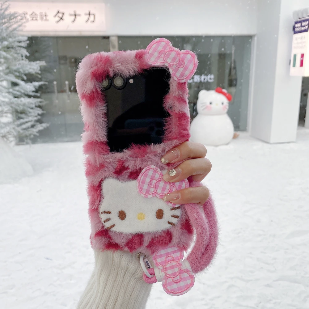 Funda de Teléfono con Diseño de Hello Kitty de Sanrio para Samsung Galaxy Z Flip 7 6 5 4 3, Funda de Felpa Suave y Cálida para Invierno