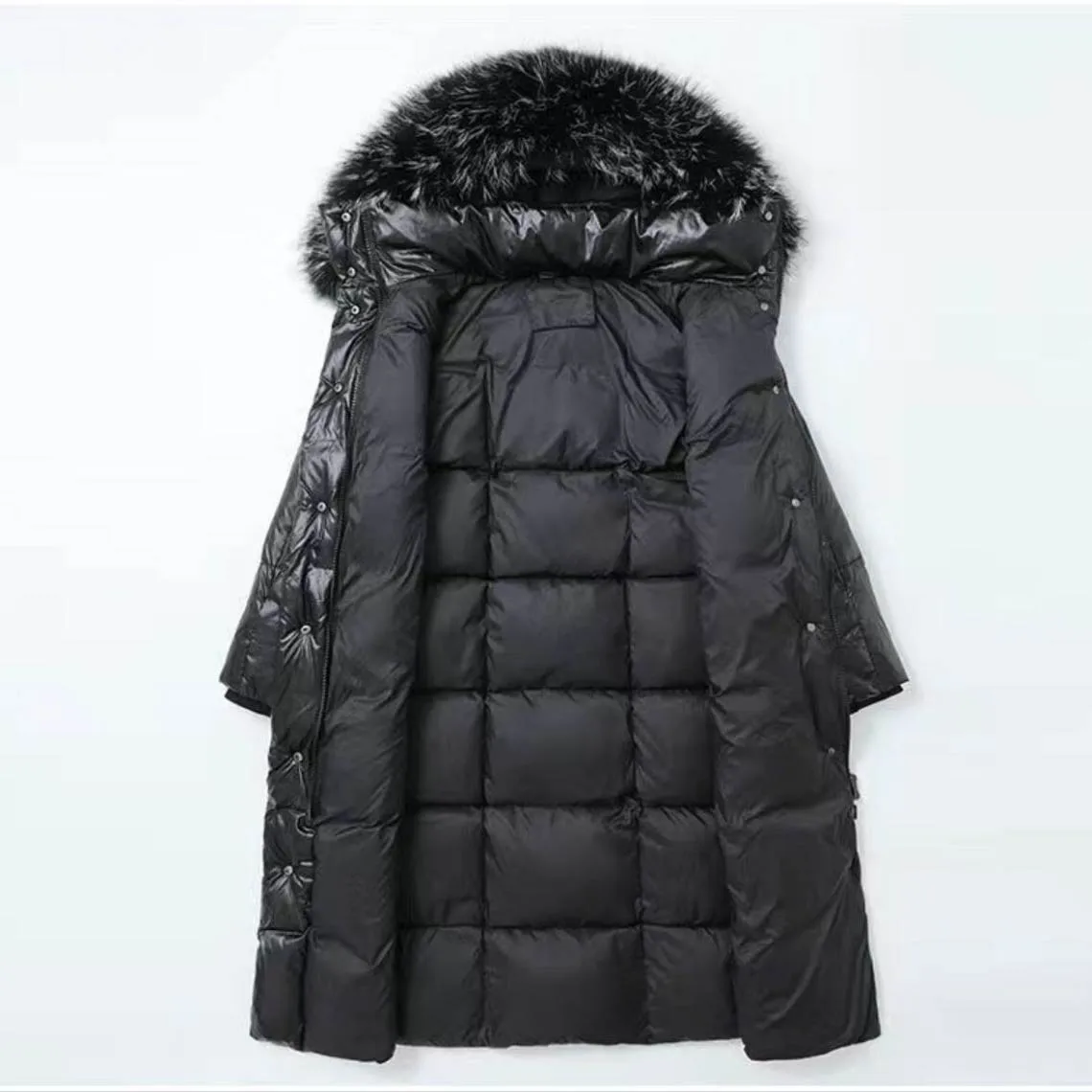 New Down Korean Women Knee-length Black Glossy Warm Fur Collar Cotton-padded