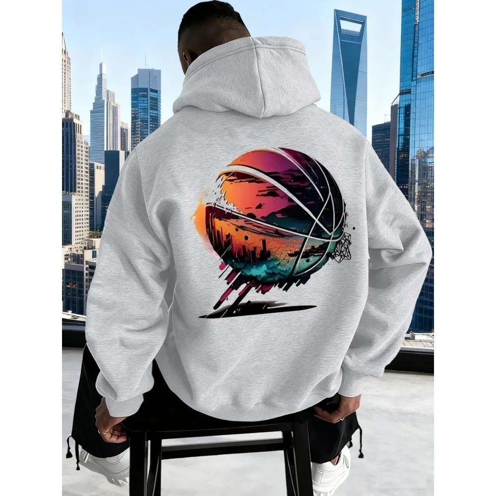 Kids Colorful Gradient Basketball City Skyline Splash Art Double Sided Print Hoodie Boys Girls Loose Streetwear Pullover