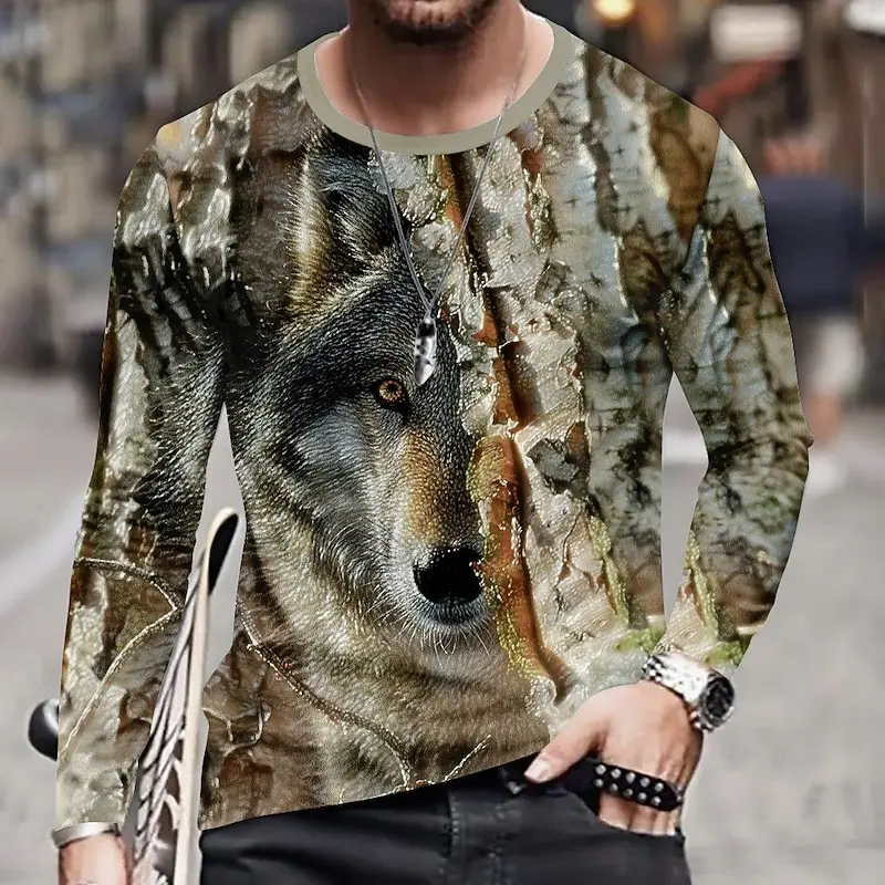 

3D Print Animal Wolf Elk Graphic Men's Long Sleeve T-Shirt Outdoor Jungle Camping Round Neck Pullover Autumn Fashion Casual Tops
