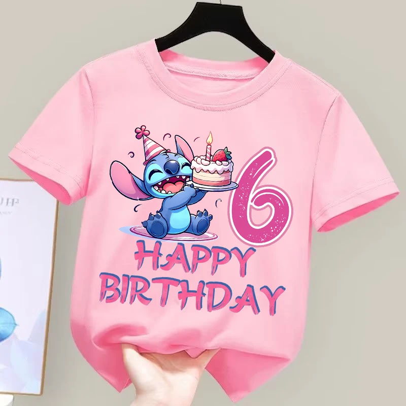 Lilo & stitch T-shirts roses pour filles dessin animé numéro 1-10 T-shirt d'anniversaire imprimé enfants mode d'été haut à manches courtes