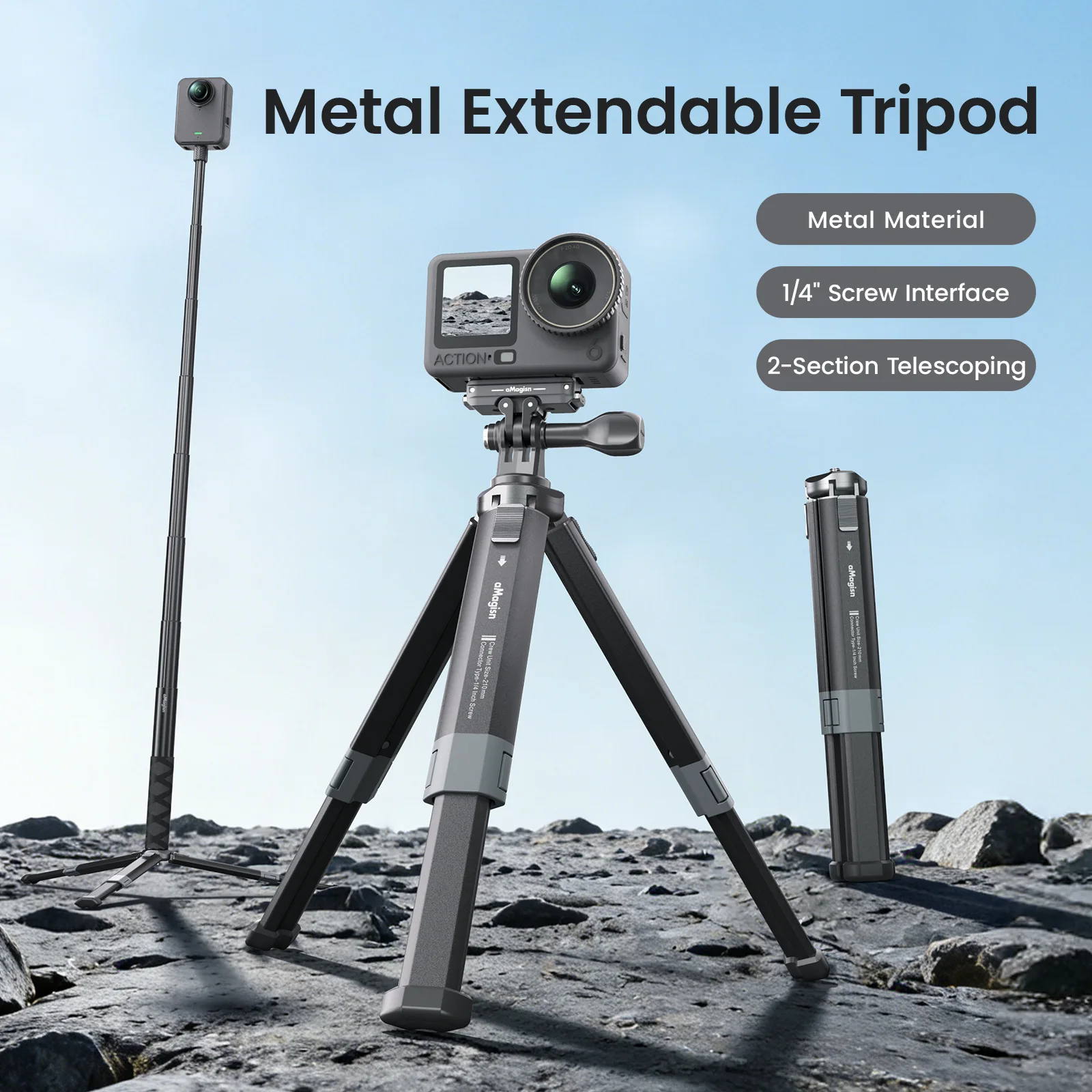 

Metal Extendable Tripod Stand for Action Camera Mini Foldable Desktop Mount with 1/4 Screw for GoPro Insta360 DJI&DSLR Vlogging