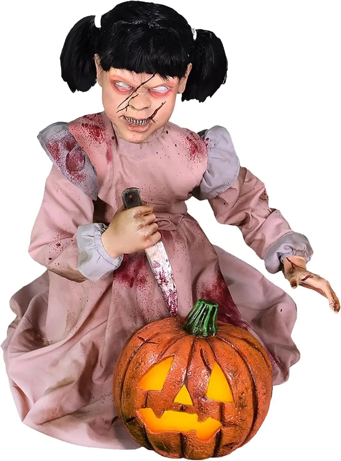 Lunging Pumpkin Carver Zombie Girl by Tekky, Motion-Activated Talking Halloween Animatronic for Indoor or Covered