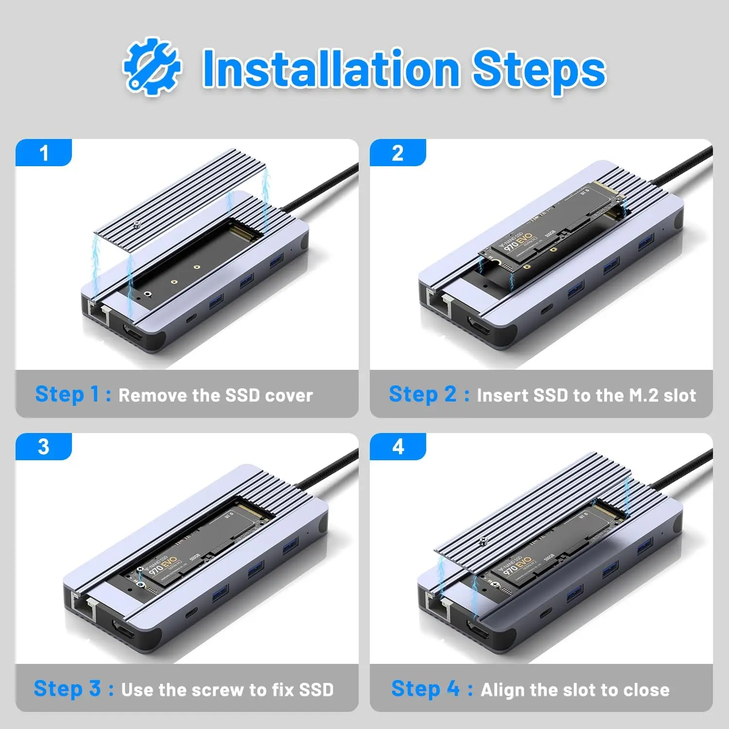 12-in-1 USB-C Hub with M.2 NVMe/SATA SSD Enclosure, Support Type-C HDMI 4K60Hz SD TF Card PD 100W 1000M Ethernet For Mac iPad