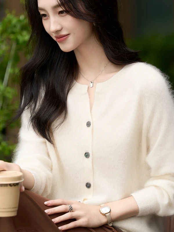 Women's round Neck Fleece Lined Wool Open Cardigan Loose Knitted Sweater Outerwear Lazy Style Casual Fashion Autumn Winter