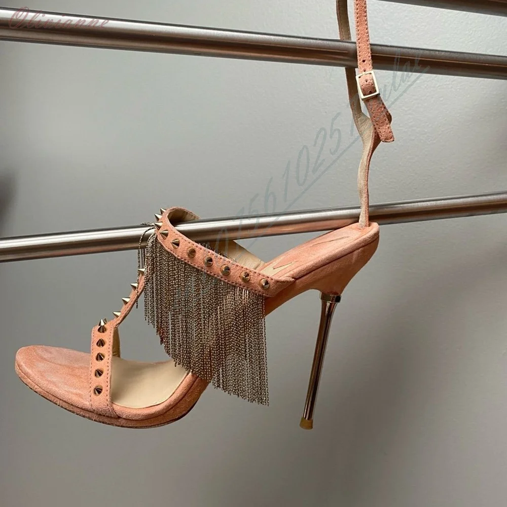 Orange Color Metal Chain Tassels Design Sandals Round Rivets Metal Stiletto High Heel Summer Women Shoes Fashion Lady's Shoes