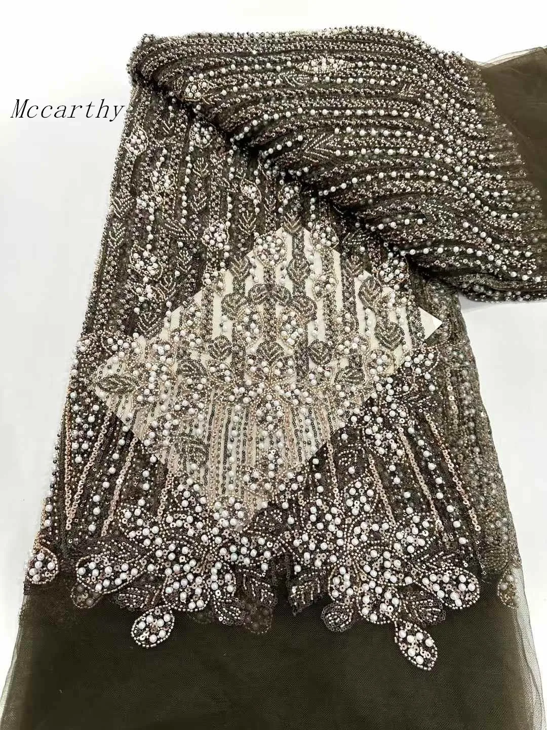 

2025 High Quality French Mesh Embroidery Sequins Lace Fabric African Nigerian Beads Lace Fabric For Wedding Dress Sewing 3Yards