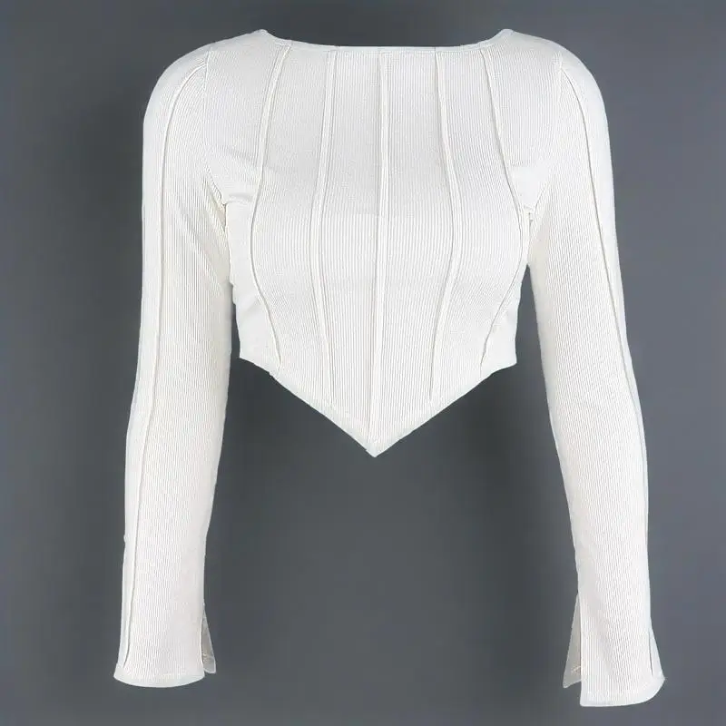 

Spring and autumn new textured pullovers, long-sleeved, round-neck, slim short T-shirt women's top