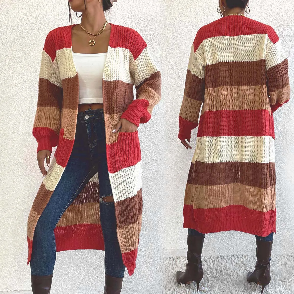 

Новинка 2024, вязаный халат, кардиган, верхняя одежда, полосатый цвет, свитер, кардиган, женский модный зимний сезон, обычный Thi