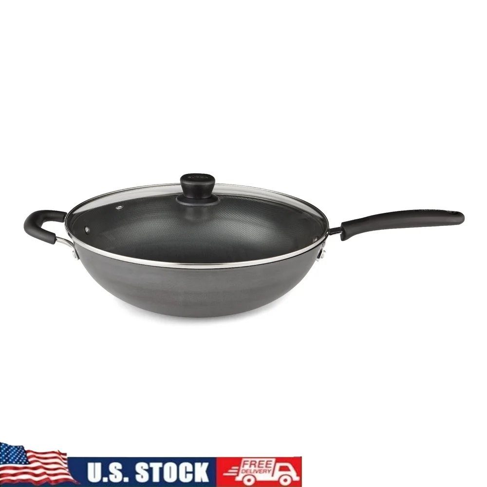 

Carbon Steel Wok with Glass Lid 13.5 Inch Deep Bowl Heavy Duty Metal Utensil Safe Stir Frying Searing Cooking
