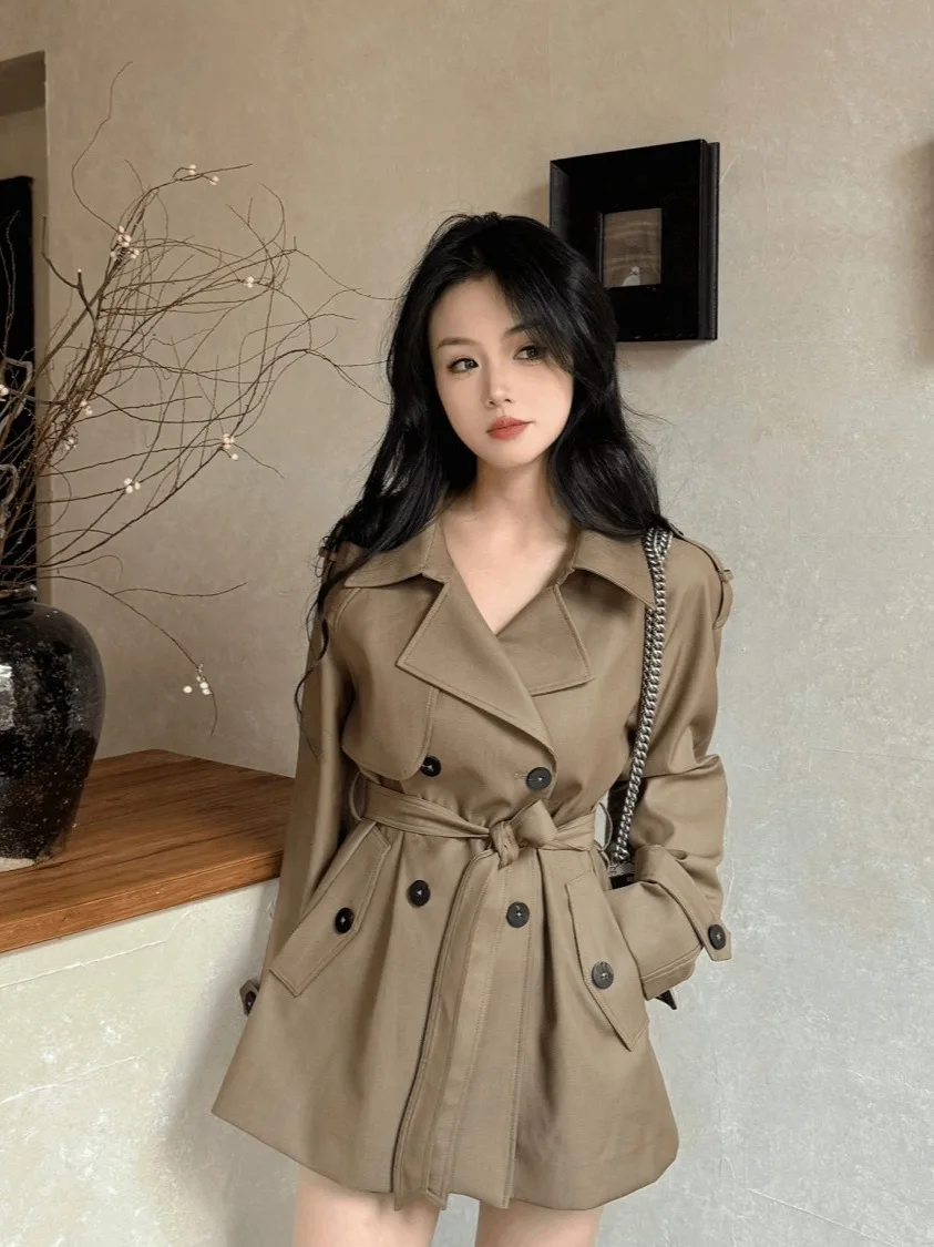 

Khaki Mid-Length Double-Breasted Briti Sle Women's Coat Spring Autumn New Arrival Faion Design Polyester Fiber 00%