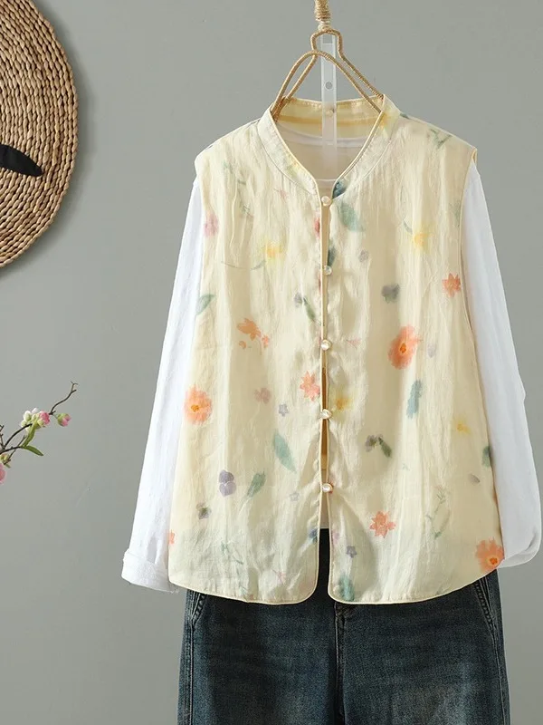 

Artistic Vintage Print Double Layer Women's Vest Spring Autumn New Chinese Sle Stand Collar Slimming Top Faionable Commute