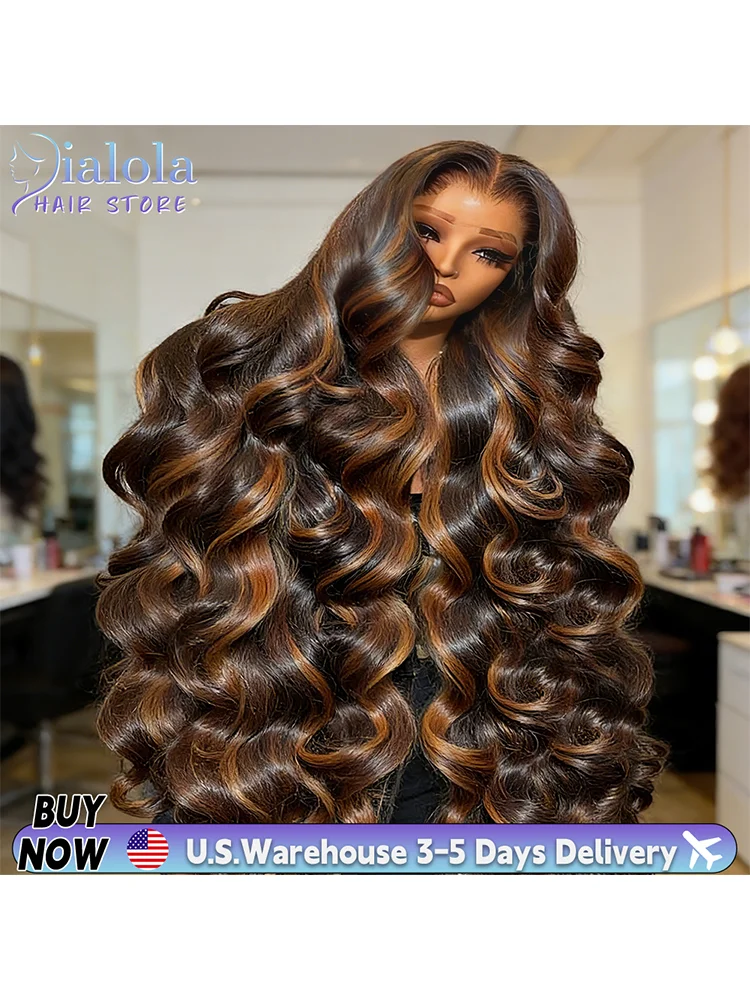 Dialola 1B/30 Highlight 13x6 Lace Frontal Haarwerk van Echt Haar V-Part Ombre Zwart Bruin Gekleurd Voorgeplukt Body Wave Lace Front Pruiken - afbeelding 2