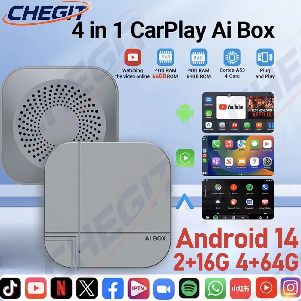 2026 Android14 Smart Ai Box Android Auto adaptador Carplay inalámbrico 4 + 64G 2 + 16G reproductor Multimedia para coche TV box para YouTube Netflix