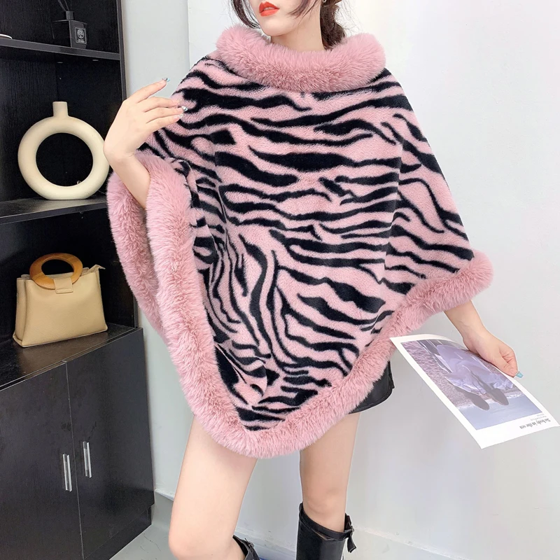 Poncho Cloak Women New Loose Streetwear Zebra Printed Winter Warm O-Neck Faux Rabbit Fur Pullover Shawl Coat 4 Colors WF417