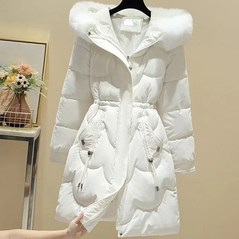 

Winter Women Mid-Length Cotton Coat Fur Collar Hood Fashion Elastic Drawstring Elegant Parkas Loose Casual Female Warm Jacket N8