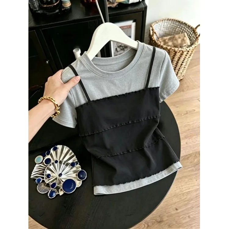 Summer New Fashion Splice Lightweight Luxury Short Sleeve T-Shirt Women's Loose Matching Wave  Design Casual Top