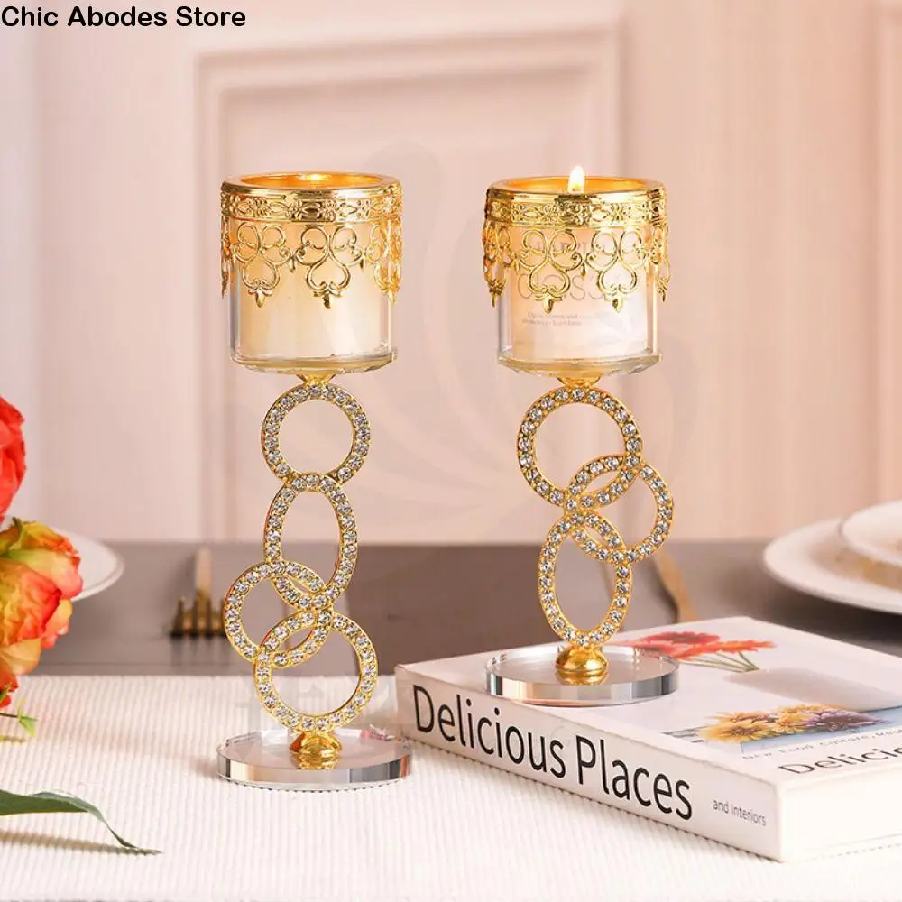 Diamond-encrusted Cylindrical Candle Holder Light Luxury Charming Metal Butter Lamp Holder Iron Art Glass Candlestick