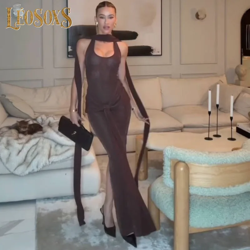 

LEOSOXS женское платье кофейного цвета с лентой, сексуальное длинное платье с открытой спиной, облегающее облегающее платье, облегающее платье с застежкой на талии
