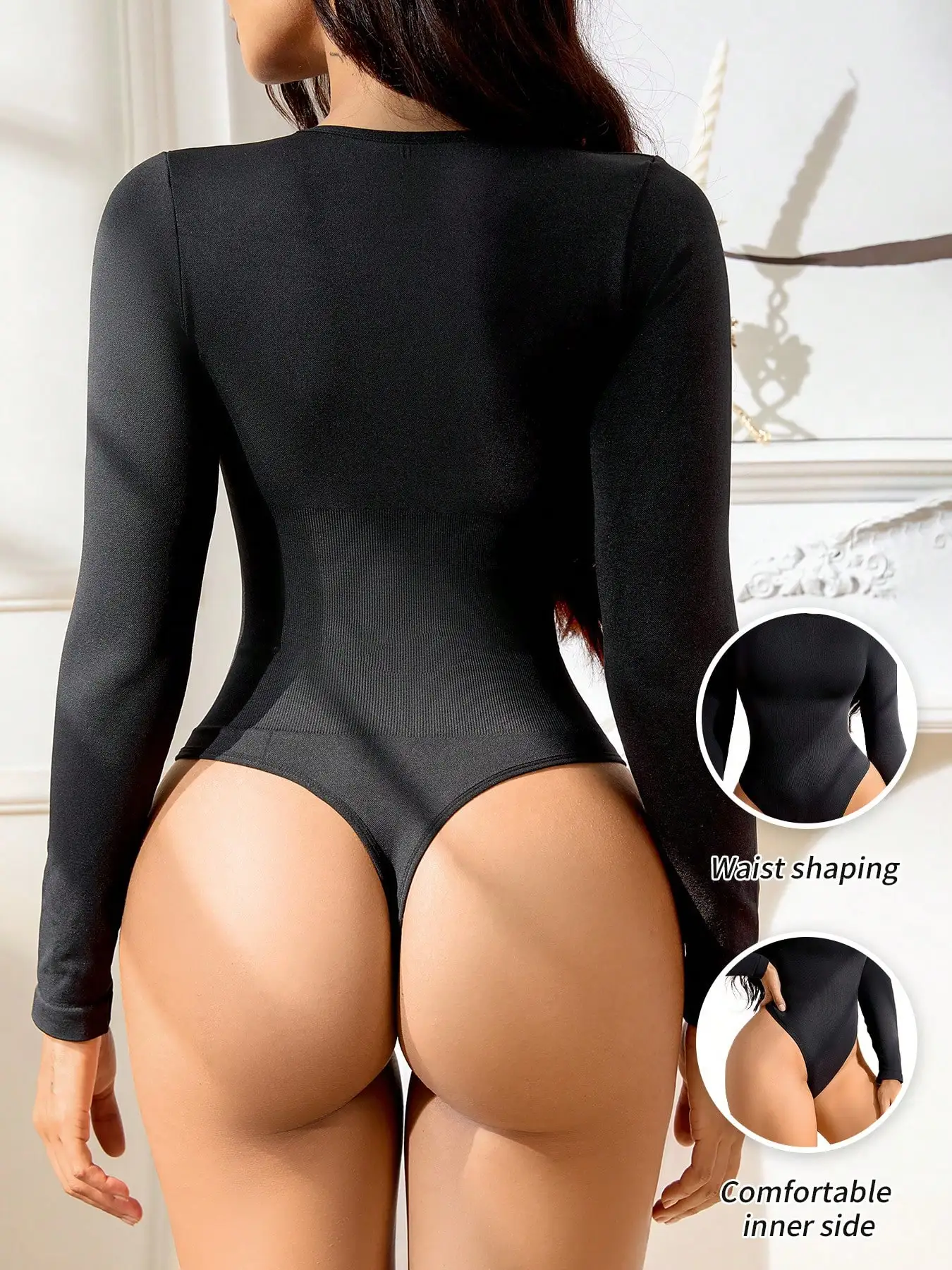 BWQ 2 stuks dames afslankende bodysuits shapewear, controle buiklift butt shaper, naadloze bodysuit met lange mouwen en ronde hals