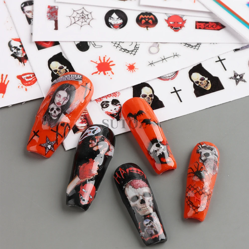 Halloween Spooky Nail Stickers Centipede Spider Nail Decals Blood Drips Scar Lips Skulls Sliders Manicure Horror Decor NTCA-788