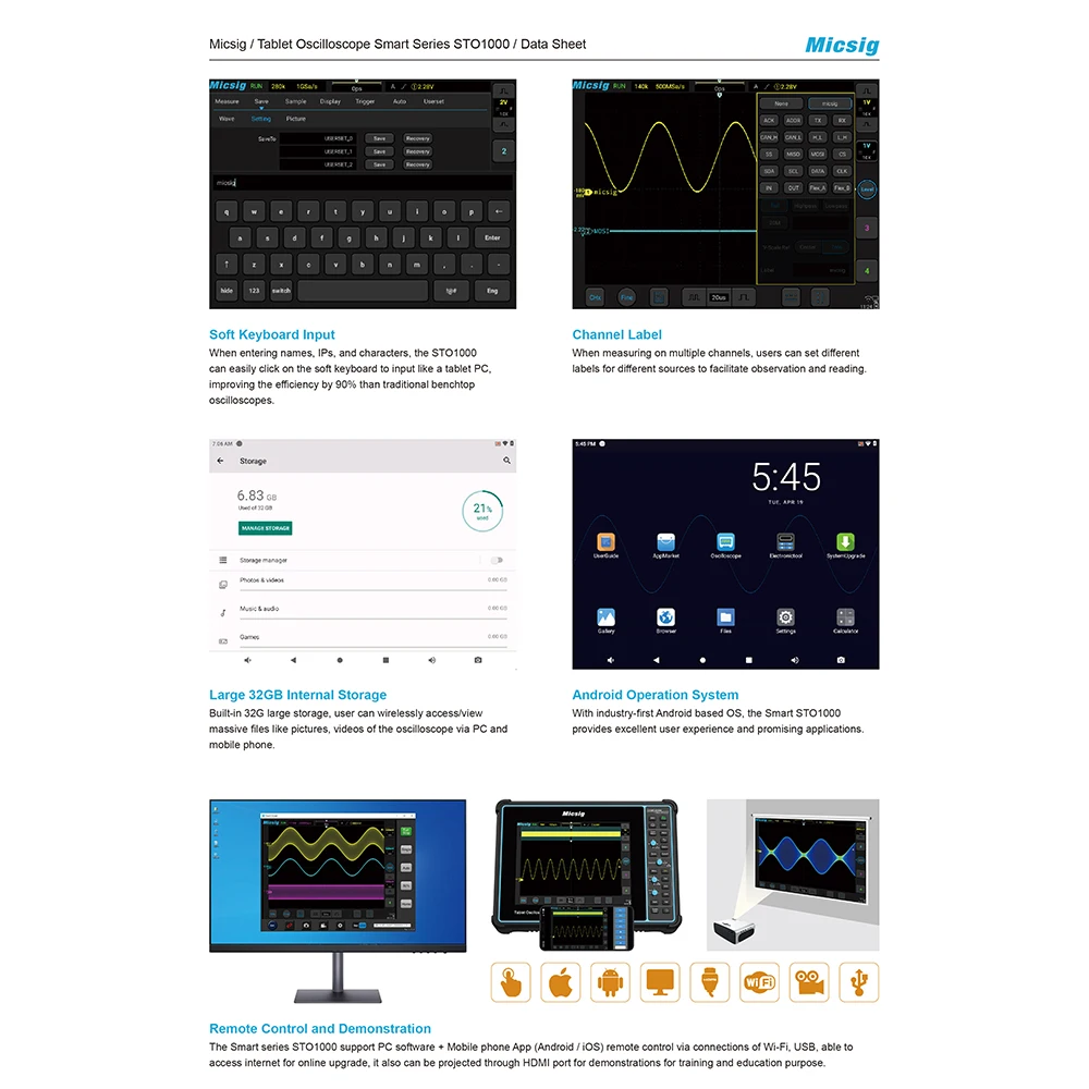 Micsig STO1004 Smart Tablet Oscilloscope Digital 100HZ 1G Sa/S 2/4 Channels Oscilloscopes 8GB APP Control