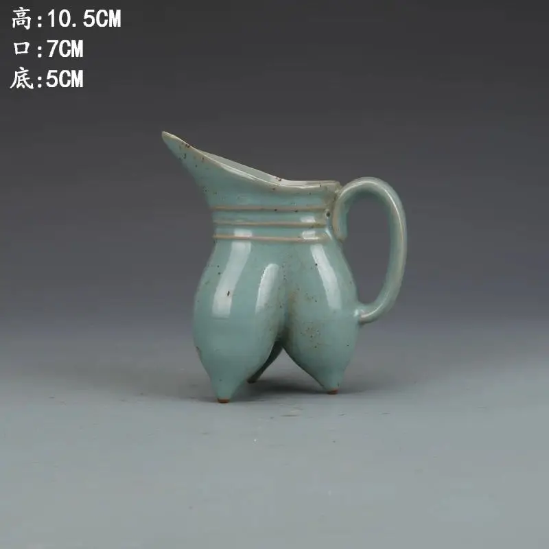 Song Style Ru Kiln Pale Sky Blue Glaze Three Legged Yi Pitcher String Neck Single Handle Tea Water Divider Vintage Chinese Table