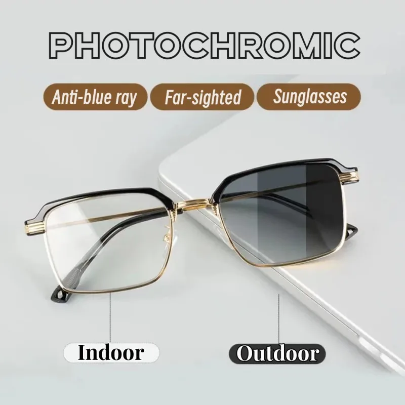 2 In 1 Muitifunction Photochromic Far-sighted Eyewear Mental Frame Ourdoor Sunglasses Retro Women Men Reading Glasses Diopters