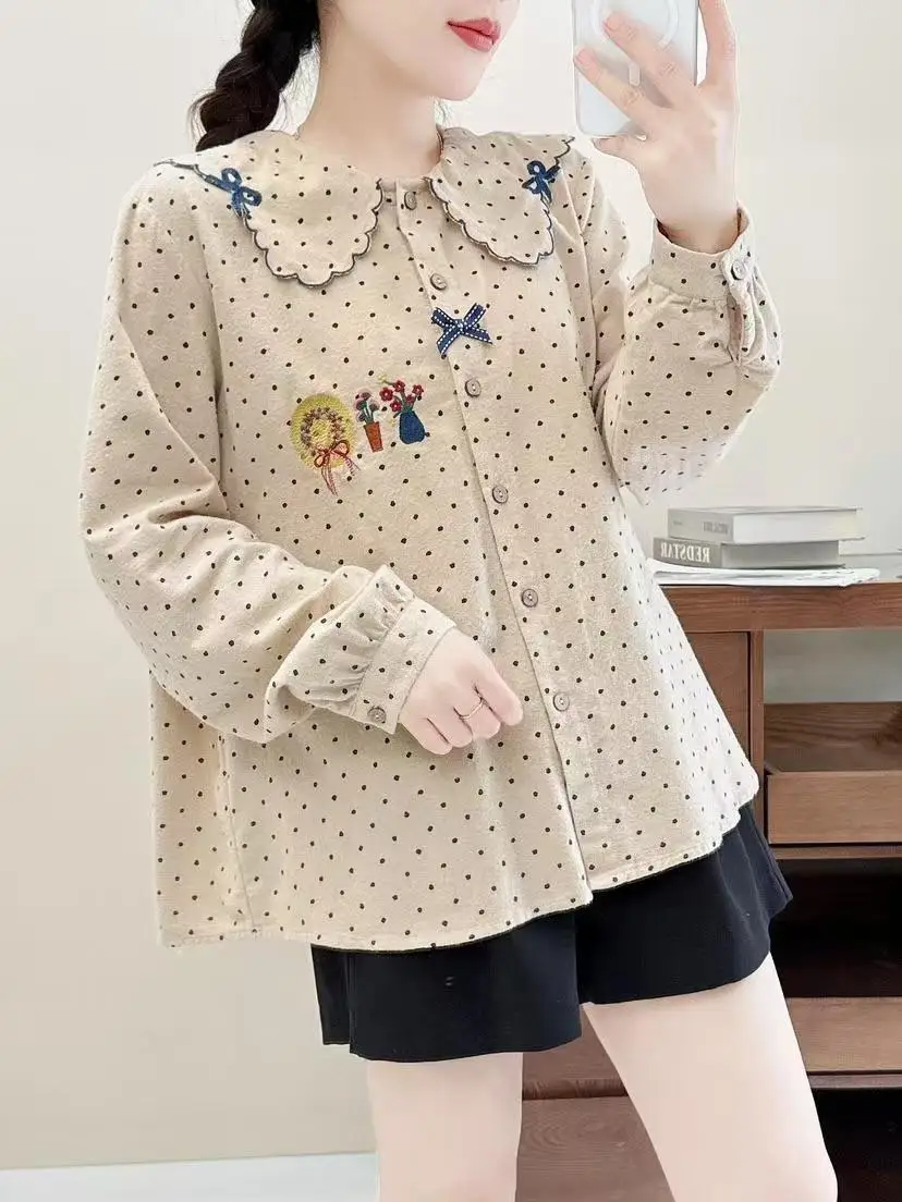 Mori girl sweet green polka dot shirts peter pan collar embroidery winter long sleeve tops for women y2k vintage top cute clothe