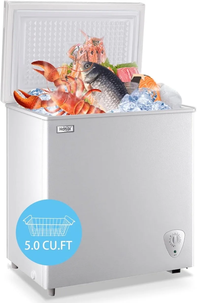 Chest Freezer 5.0 Cu.Ft Small Deep Freezer White Top Door Mini Freezer with Removable Basket, Low Noise,7 Adjustable Temperature