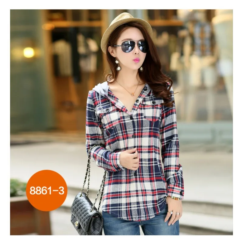 Women\'s Hooded Long Sleeve Flannel Plaid Blouses Casual Checkered Shirt Women Blusas Feminina Spring Tops Loose Outerwear M-XXXL