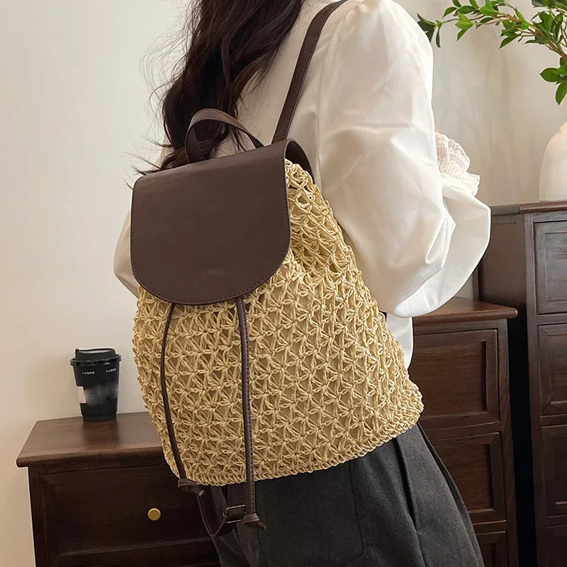 Women's Straw Backpack Summer Boho Bohemian Hollow Shoulder Bag Hobo Crochet Woven Travel Bags for Women Knitted Beach Back Pack - view 2